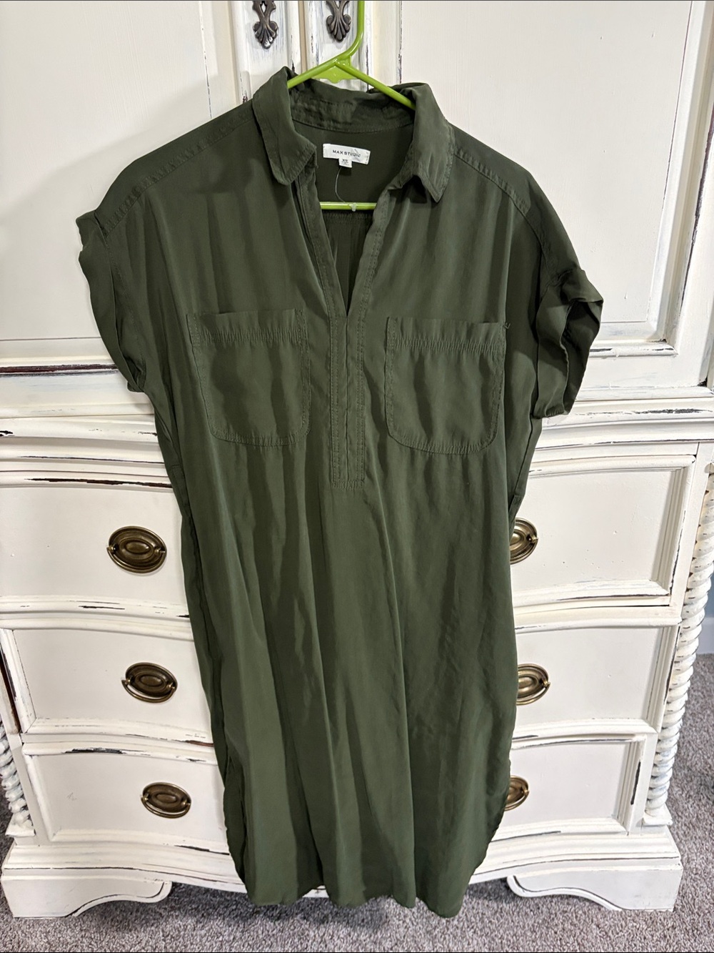 Max Studio Army Green Buttonless Shirt Midi Dress